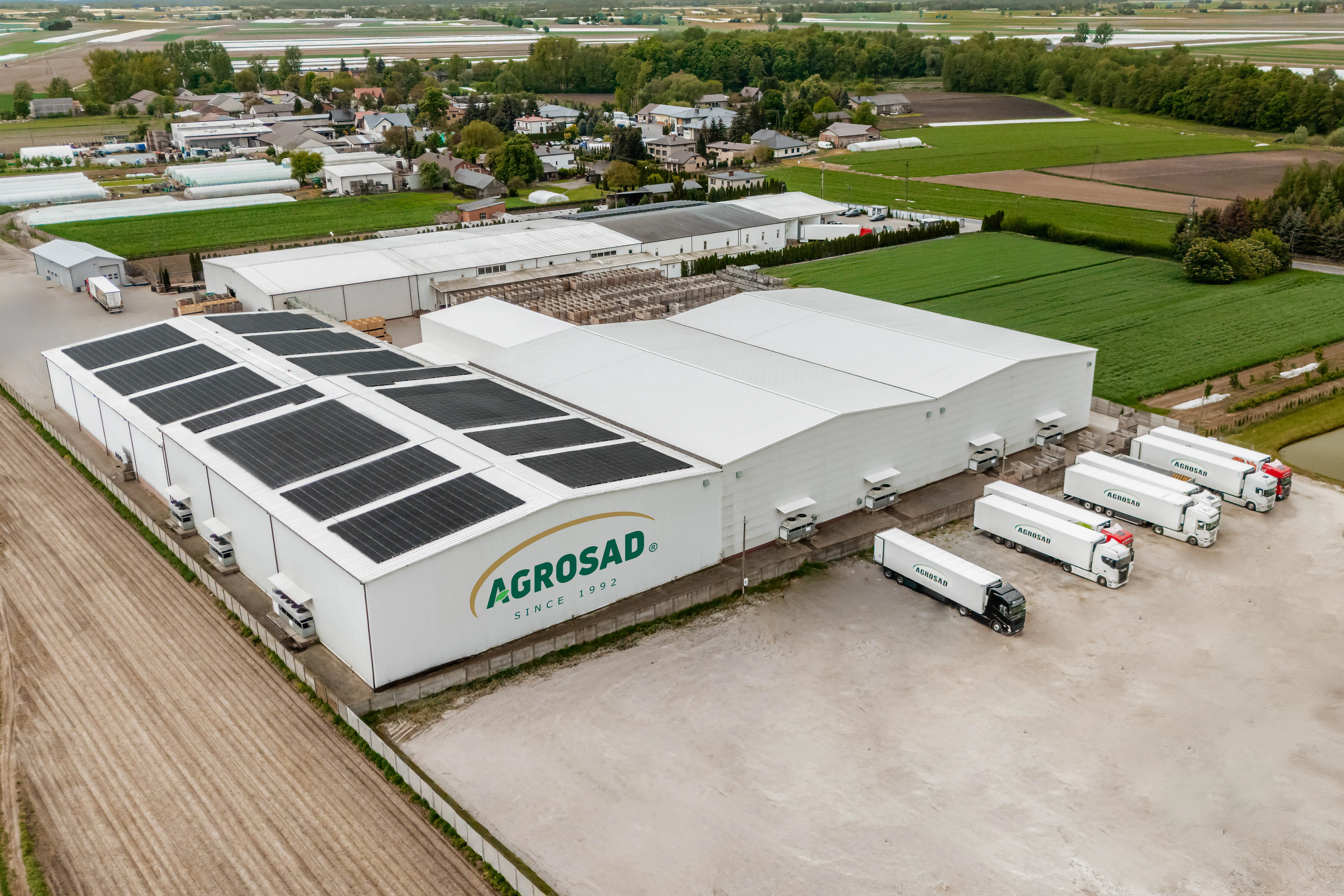 Baza logistyczna, ściana magazynu Agrosadu z 5 ciągnikami siodłowymi z naczepami firmy Agrosad